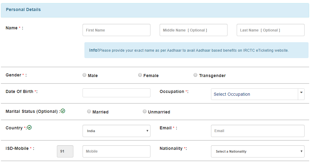 Personal Details IRCTC